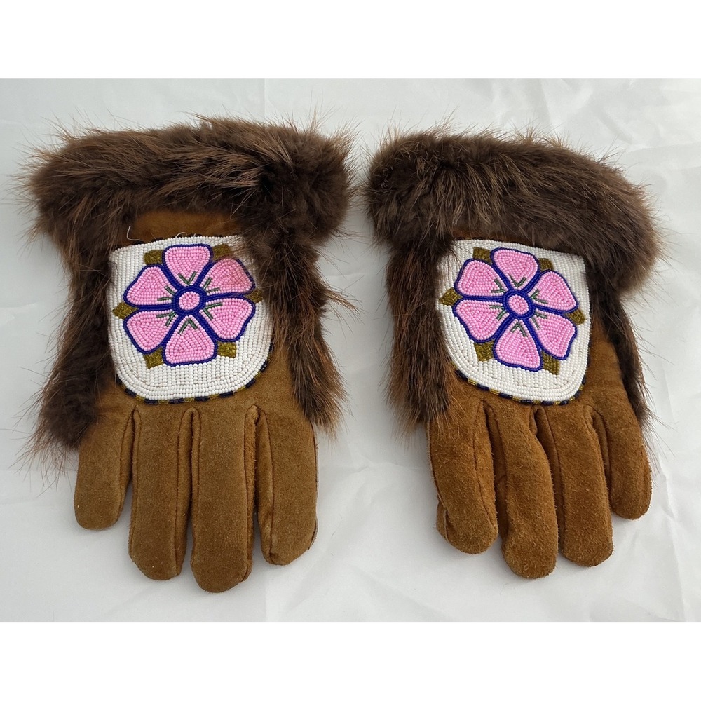 Vintage Alaska Native HandBeaded leather Gloves with Beaver fur Pink Floral